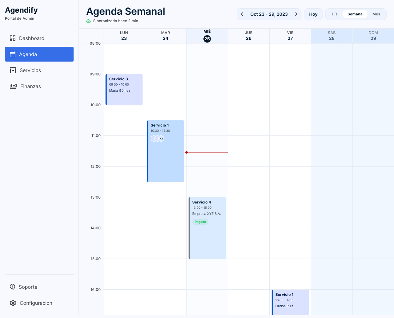 Panel de administración de Agendify — vista de agenda semanal